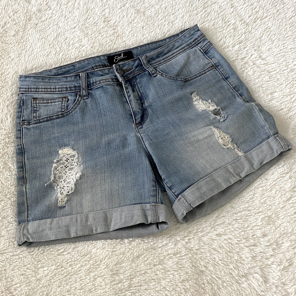 EARL JEANS Shorts ~ Faded, Holey, Distressed. Pretty Lace on hole ~ right leg.